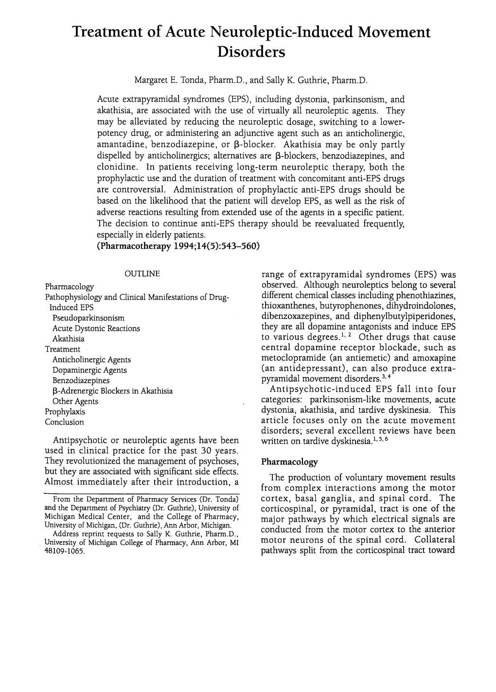 Treatment of Acute Neurolepticinduced Movement