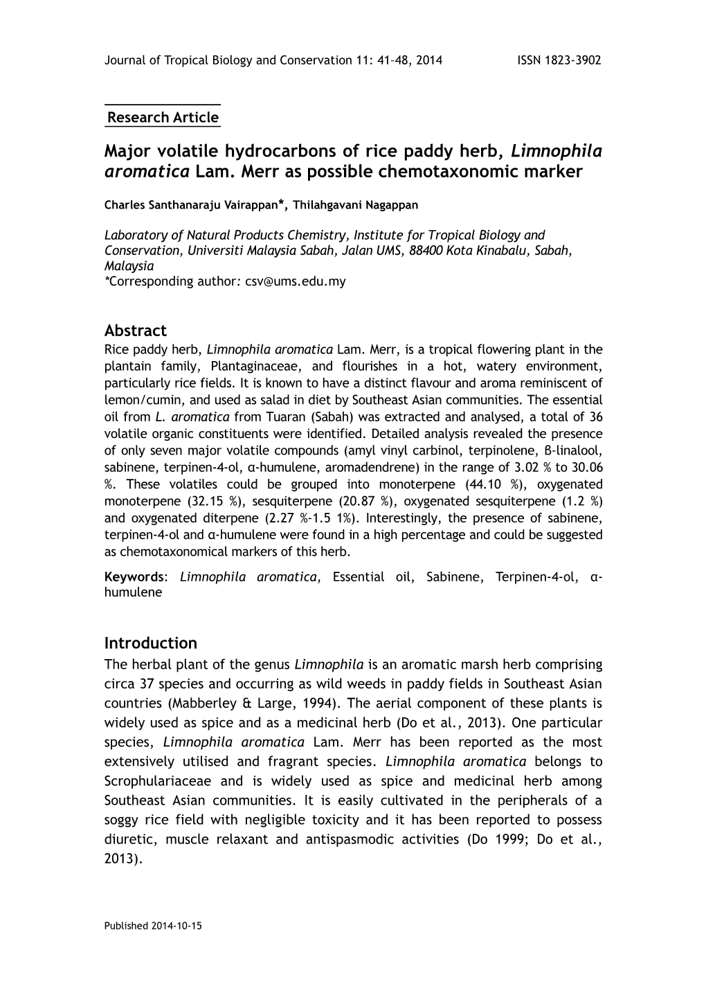 Major Volatile Hydrocarbons of Rice Paddy Herb, Limnophila Aromatica Lam. Merr As Possible Chemotaxonomic Marker