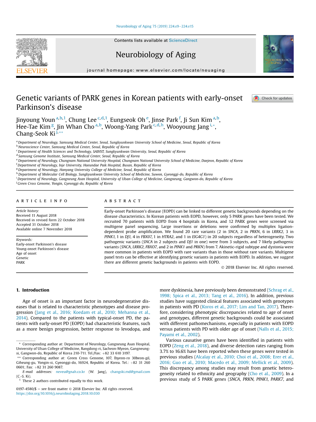 Genetic Variants of PARK Genes in Korean Patients with Early-Onset Parkinson’S Disease