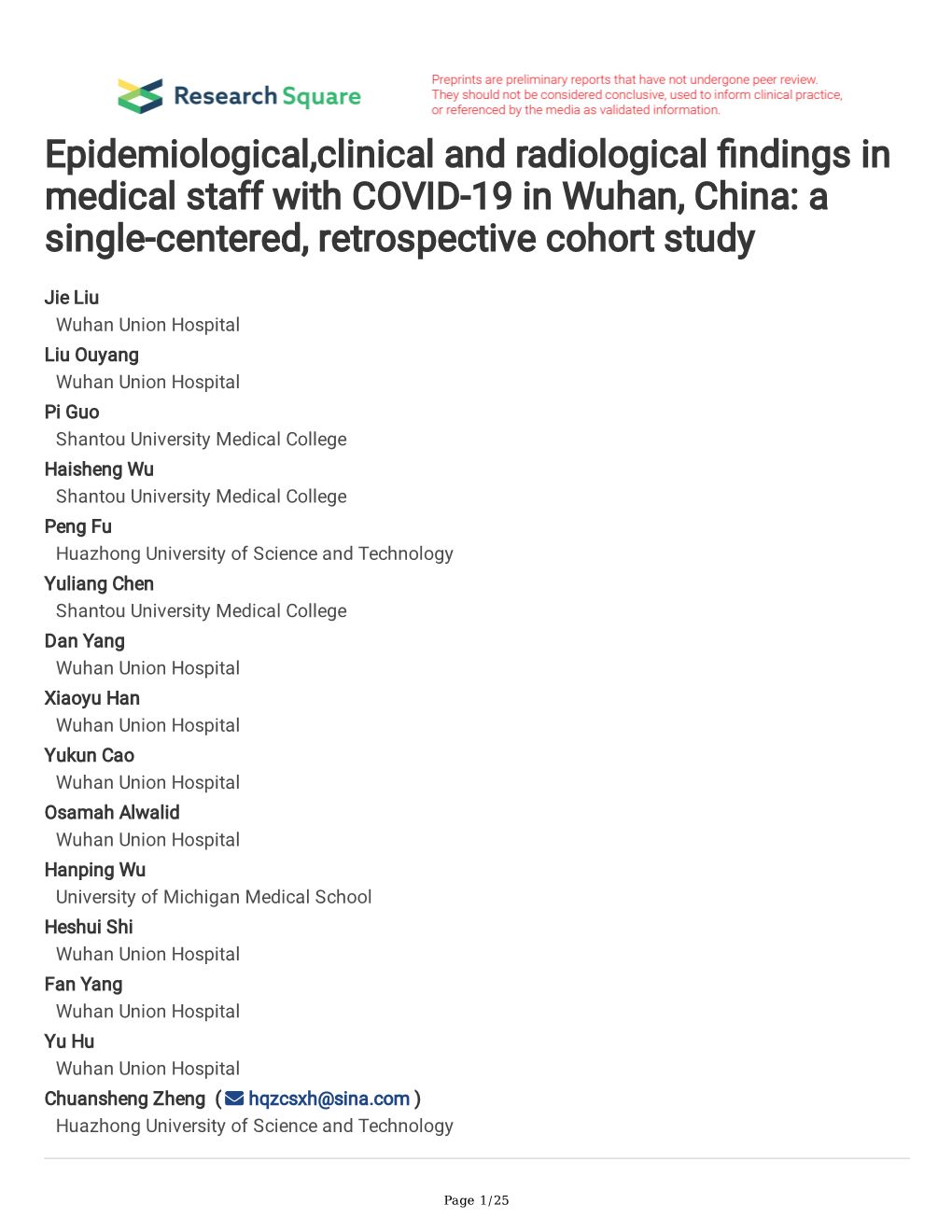 Epidemiological,Clinical and Radiological Ndings in Medical Staff with COVID-19 in Wuhan, China