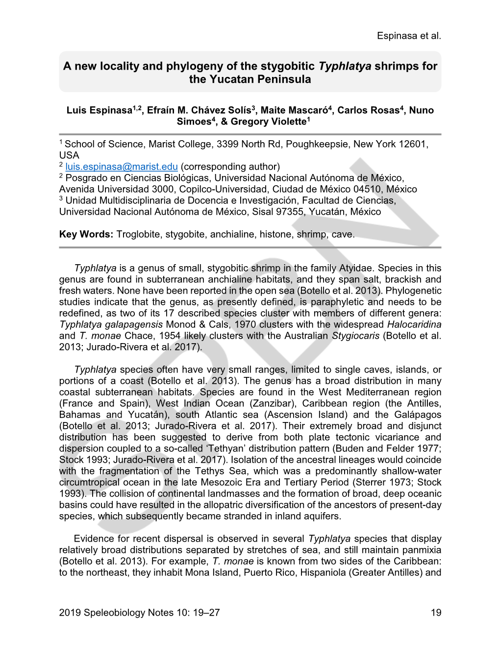 A New Locality and Phylogeny of the Stygobitic Typhlatya Shrimps for the Yucatan Peninsula