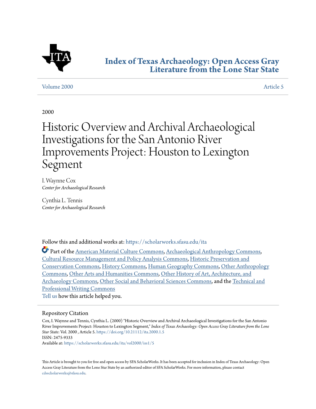 Historic Overview and Archival Archaeological Investigations for the San Antonio River Improvements Project: Houston to Lexington Segment I