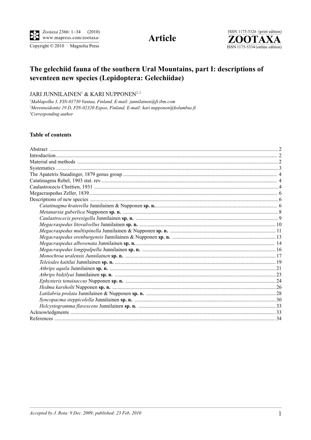 Zootaxa, the Gelechiid Fauna of the Southern Ural