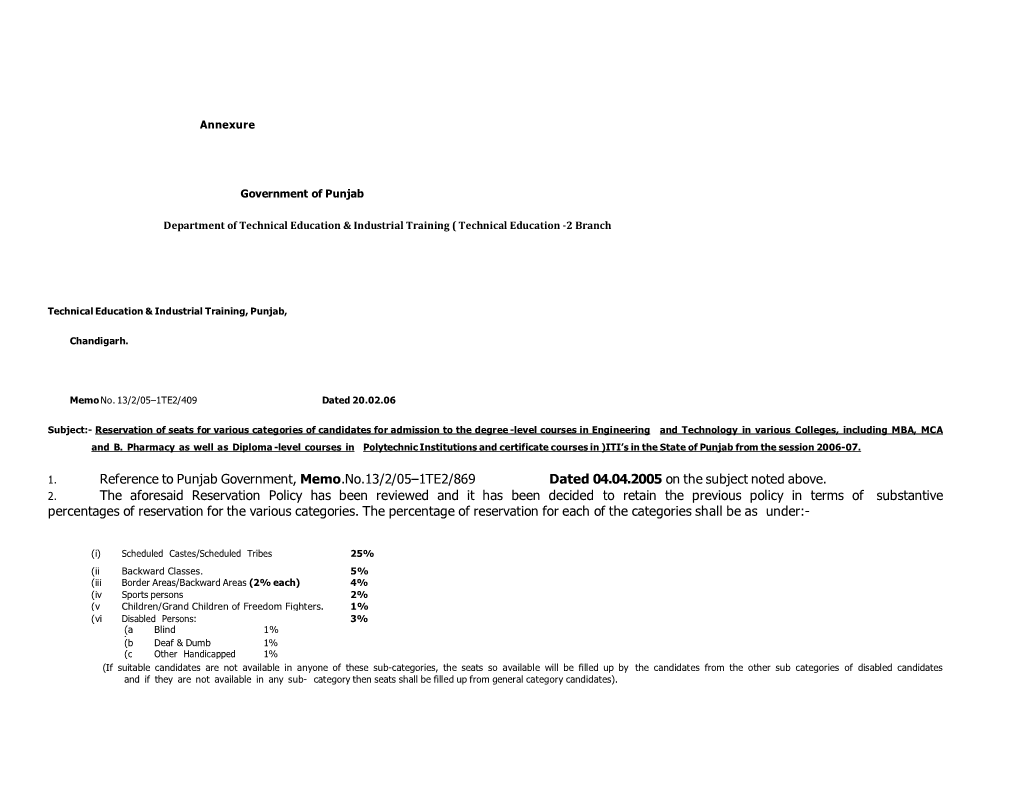 Reference to Punjab Government, Memo.No.13/2/05–1TE2/869 Dated 04.04.2005 on the Subject Noted Above