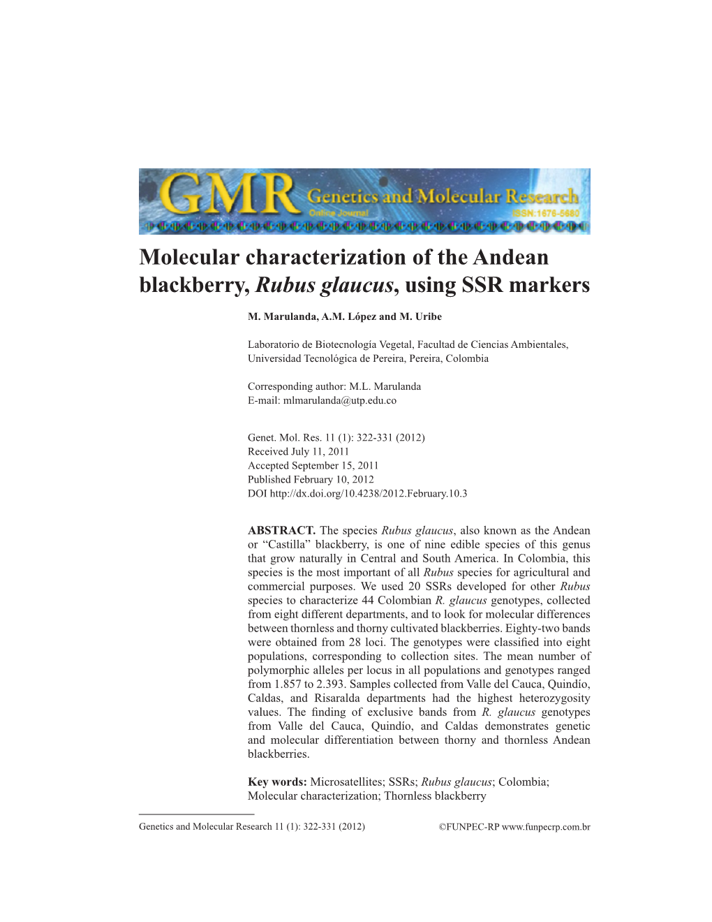 Molecular Characterization of the Andean Blackberry, Rubus Glaucus, Using SSR Markers