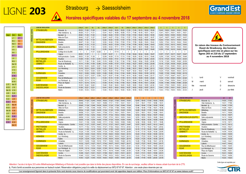 LIGNE 203 Strasbourg Saessolsheim Horaires Spécifiques Valables Du 17 Septembre Au 4 Novembre 2018