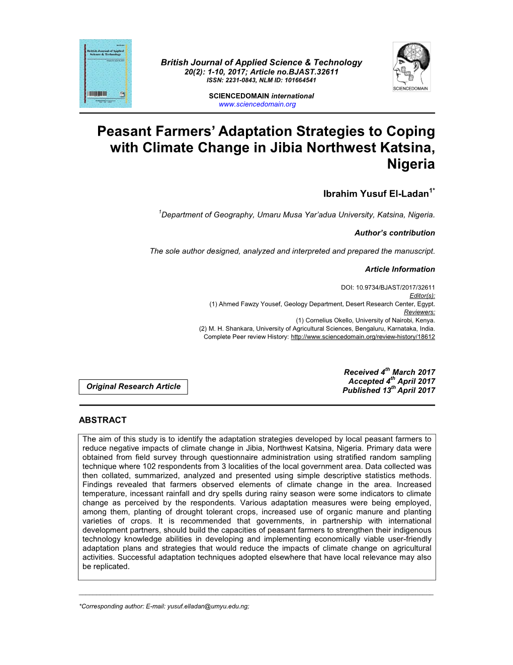 Peasant Farmers' Adaptation Strategies to Coping with Climate