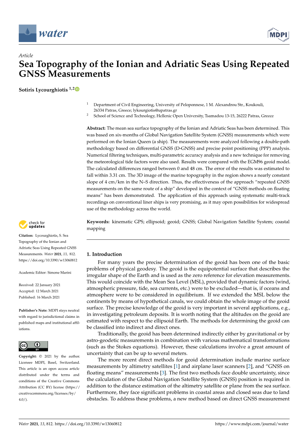 Sea Topography of the Ionian and Adriatic Seas Using Repeated GNSS Measurements