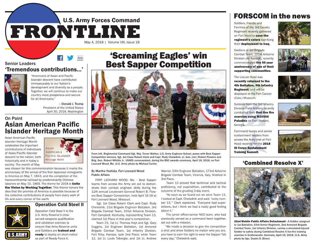 FRONTLINE Regiment’S Colors Signifying May 4, 2018 | Volume VIII, Issue 18 Their Deployment to Iraq