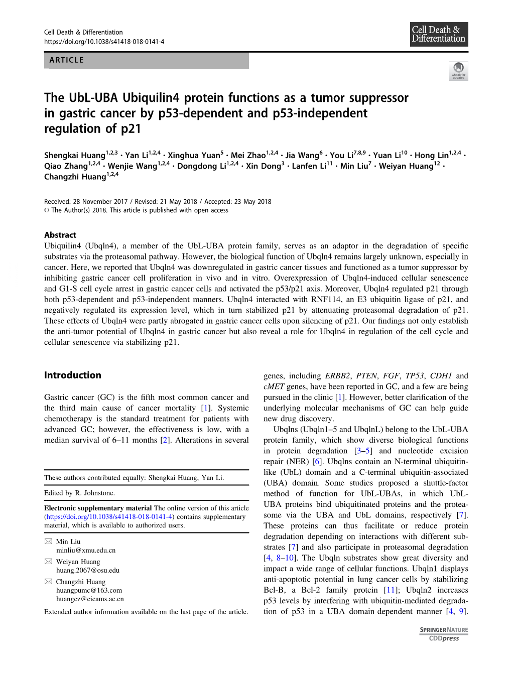 The Ubl-UBA Ubiquilin4 Protein Functions As a Tumor Suppressor in Gastric Cancer by P53-Dependent and P53-Independent Regulation of P21