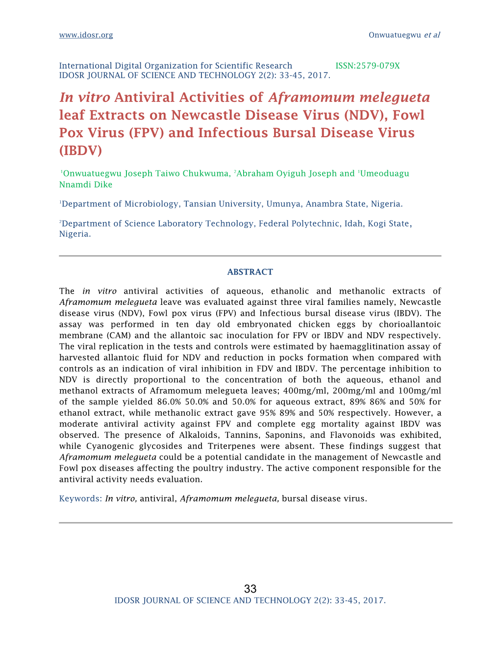 In Vitro Antiviral Activities of Aframomum Melegueta Leaf Extracts on Newcastle Disease Virus (NDV), Fowl Pox Virus (FPV) and Infectious Bursal Disease Virus (IBDV)