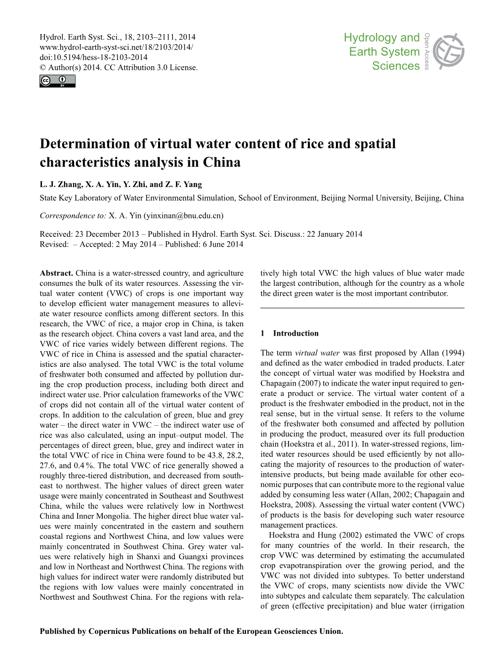 Determination of Virtual Water Content of Rice and Spatial Characteristics Analysis in China