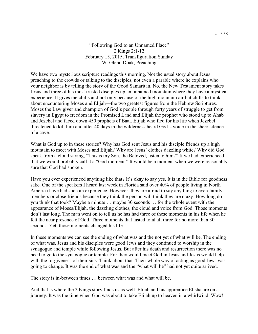 2 Kings 2:1-12 February 15, 2015, Transfiguration Sunday W. Glenn Doak, Preaching