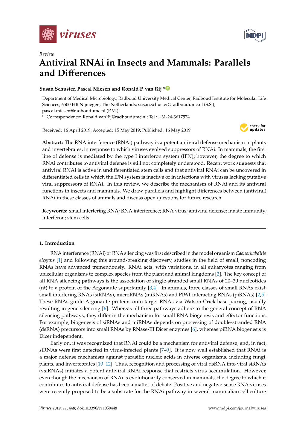 Antiviral Rnai in Insects and Mammals: Parallels and Differences