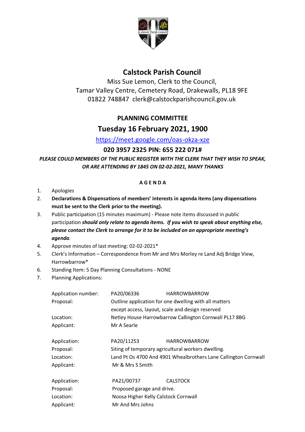 Calstock Parish Council Tuesday 16 February 2021, 1900