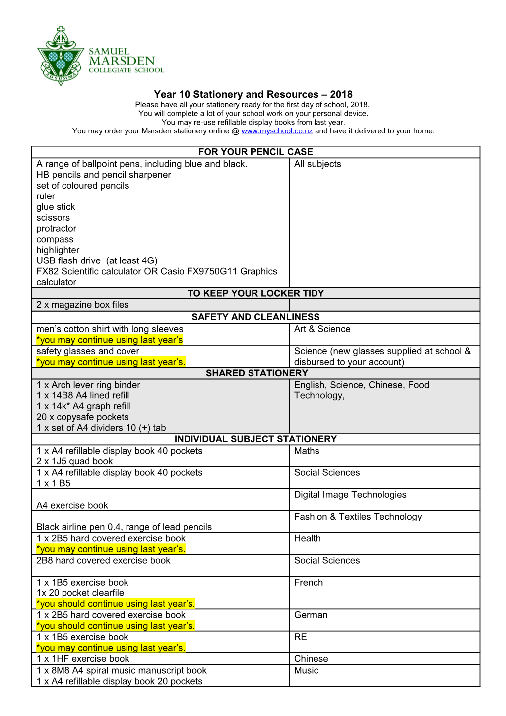 Year 10 Stationery and Resources 2018