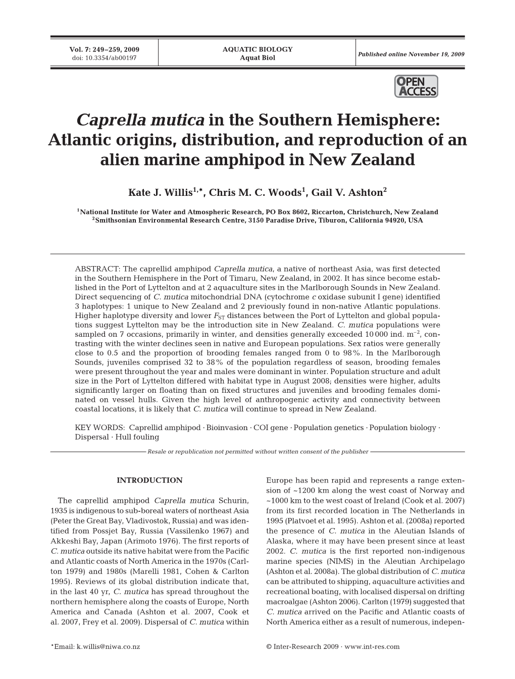 Caprella Mutica in the Southern Hemisphere: Atlantic Origins, Distribution, and Reproduction of an Alien Marine Amphipod in New Zealand