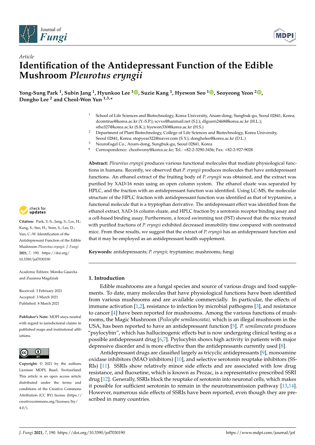 Identification of the Antidepressant Function of the Edible Mushroom