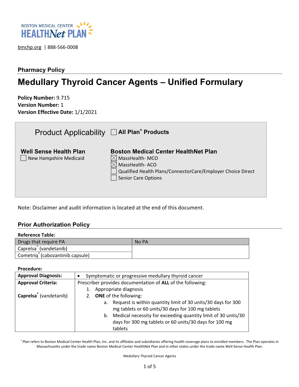 Medullary Thyroid Cancer Agents – Unified Formulary