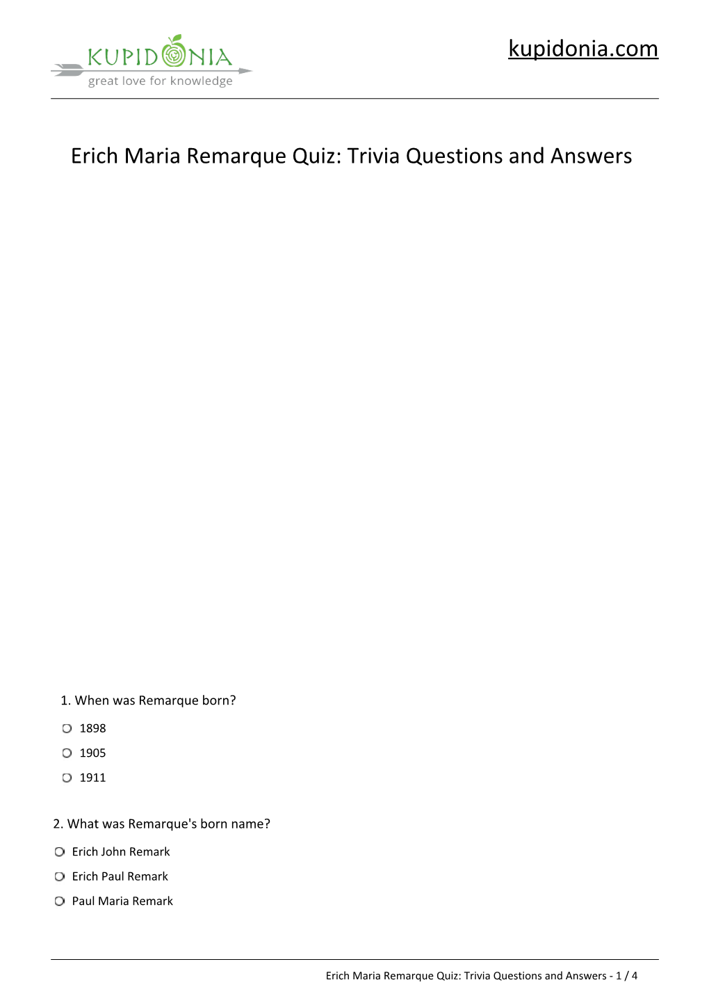 Erich Maria Remarque Quiz: Questions and Answers