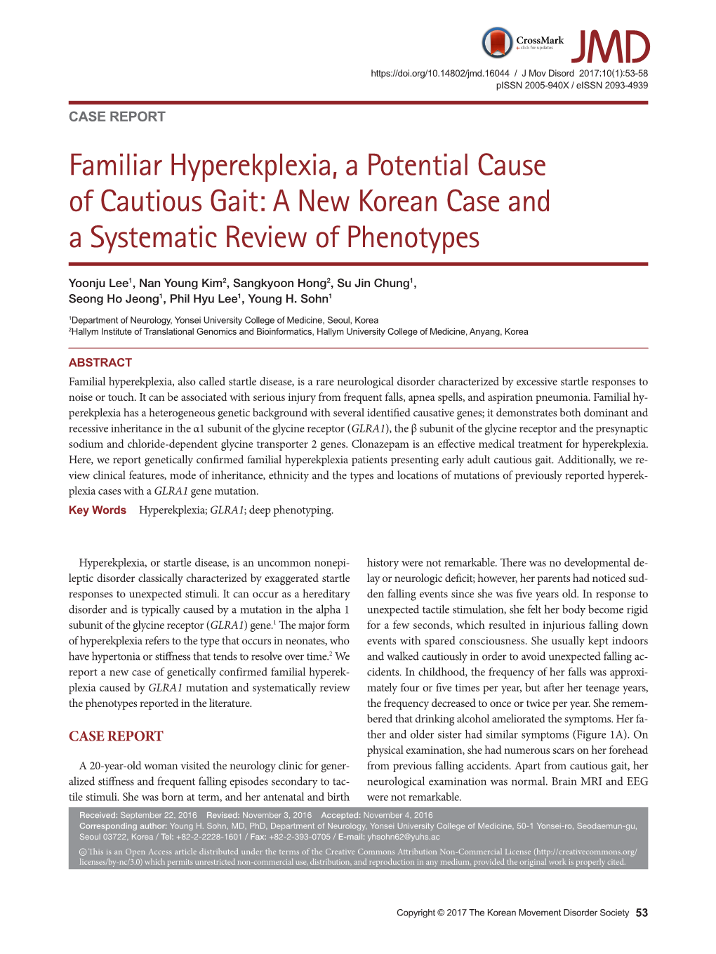 Familiar Hyperekplexia, a Potential Cause of Cautious Gait: a New Korean Case and a Systematic Review of Phenotypes