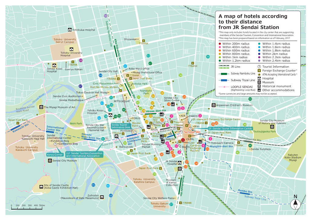 A Map of Hotels According to Their Distance from JR Sendai Station