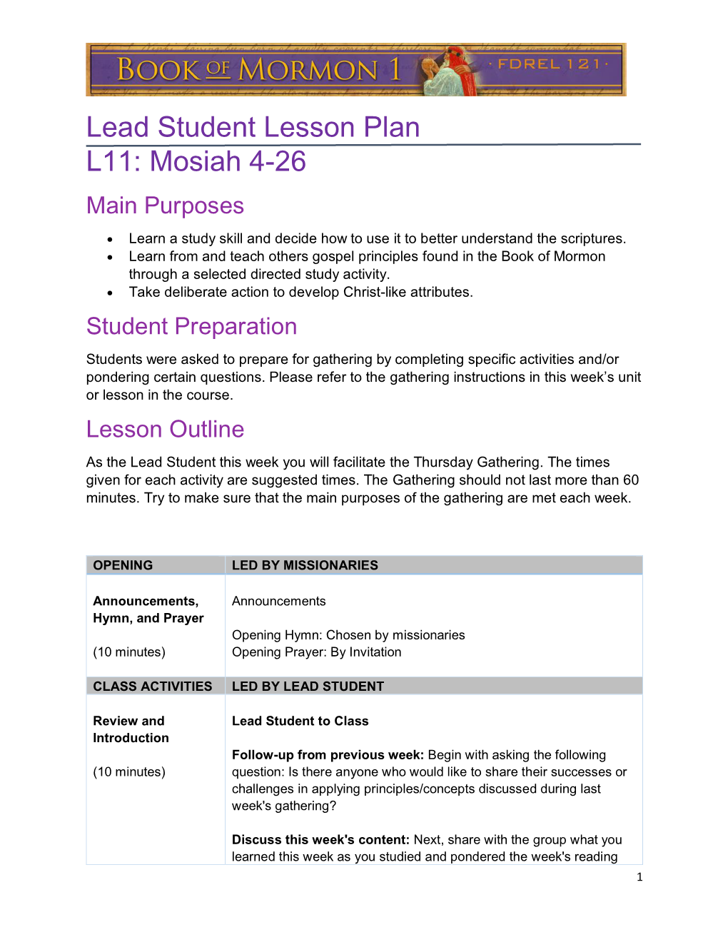 Lead Student Lesson Plan L11: Mosiah 4-26 Main Purposes