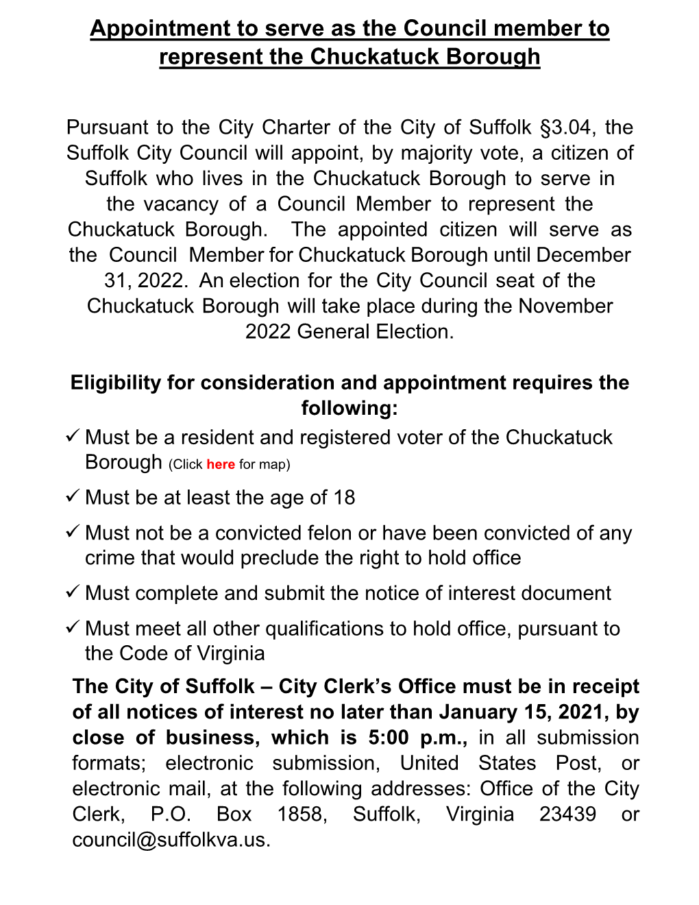 Appointment to Serve As the Council Member to Represent the Chuckatuck Borough