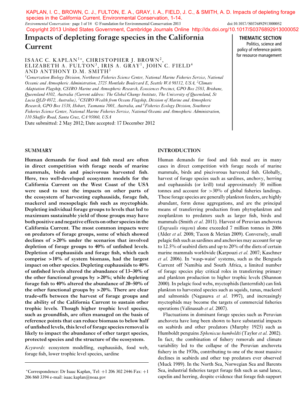 Impacts of Depleting Forage Species in the California Current