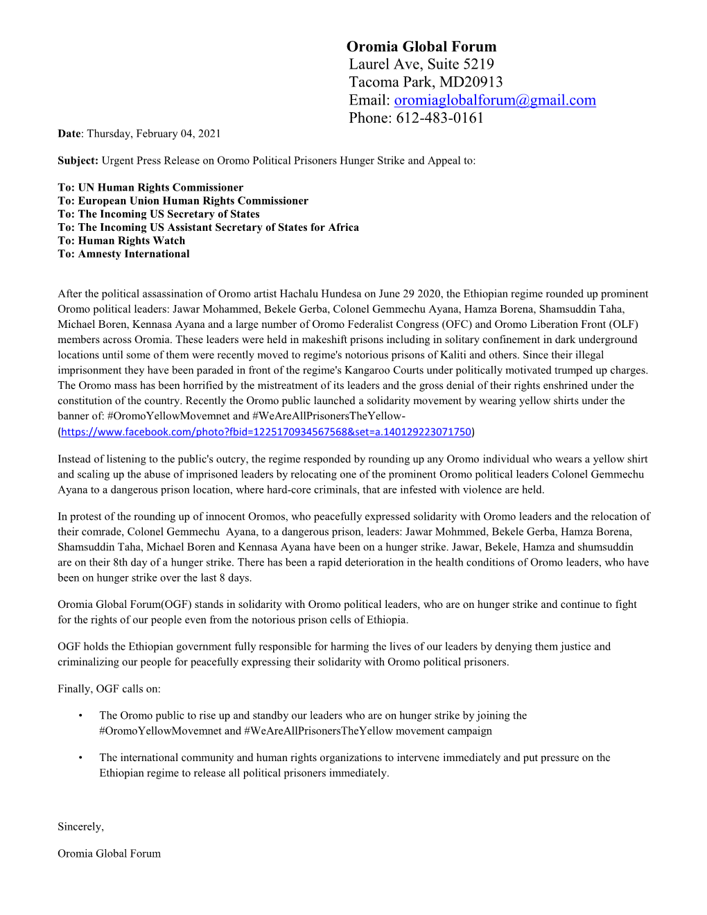 Oromia Global Forum Laurel Ave, Suite 5219 Tacoma Park, MD20913 Email: Oromiaglobalforum@Gmail.Com Phone: 612-483-0161 Date: Thursday, February 04, 2021