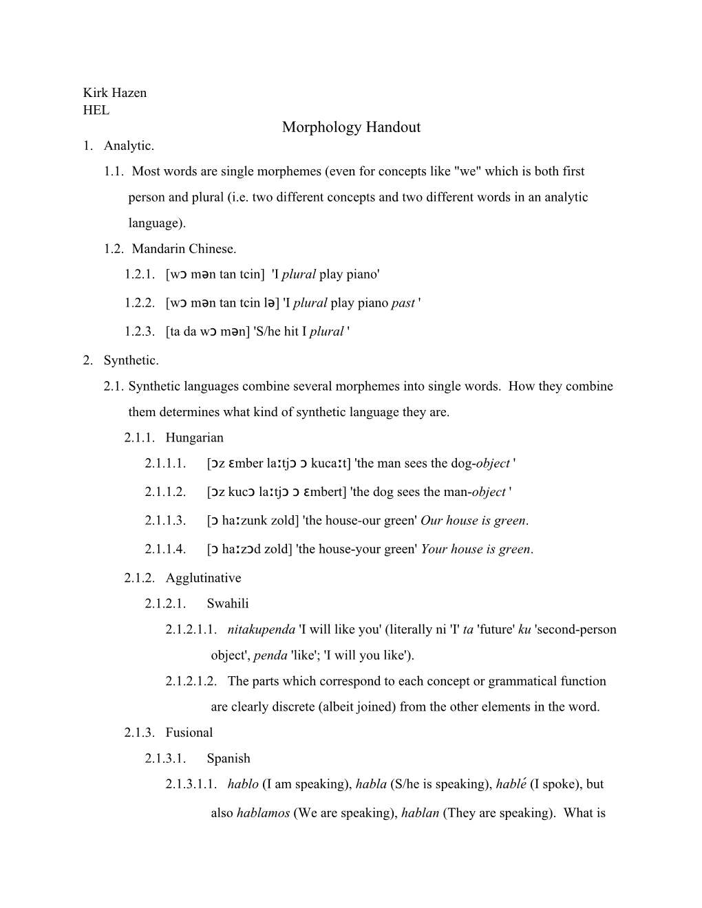 Morphology Handout 1