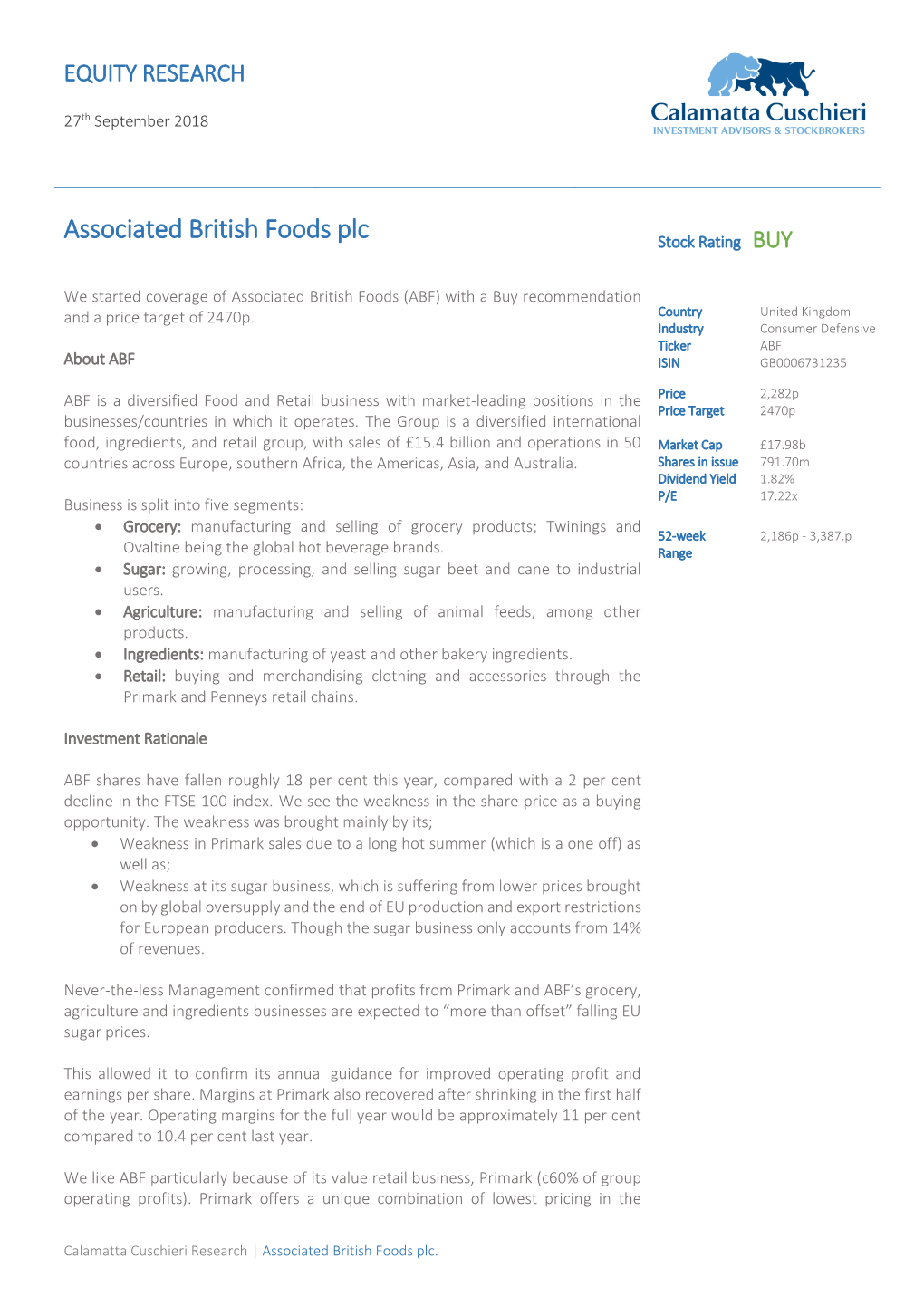 Associated British Foods Plc Stock Rating BUY