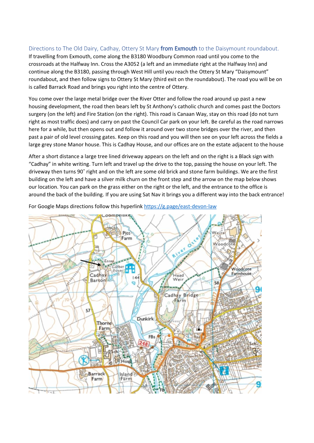 Directions to the Old Dairy, Cadhay, Ottery St Mary from Exmouth to the Daisymount Roundabout