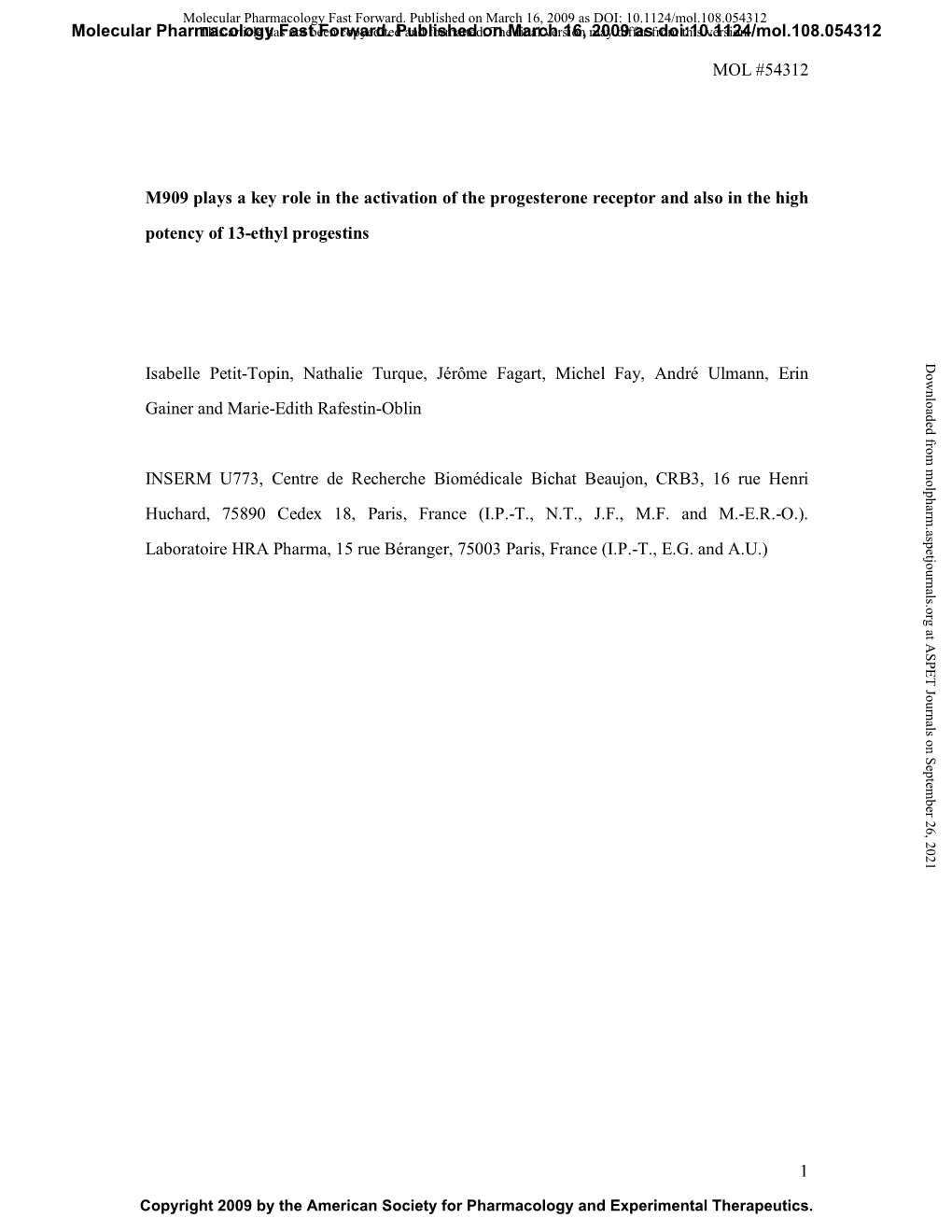 MOL #54312 1 M909 Plays a Key Role in the Activation of the Progesterone