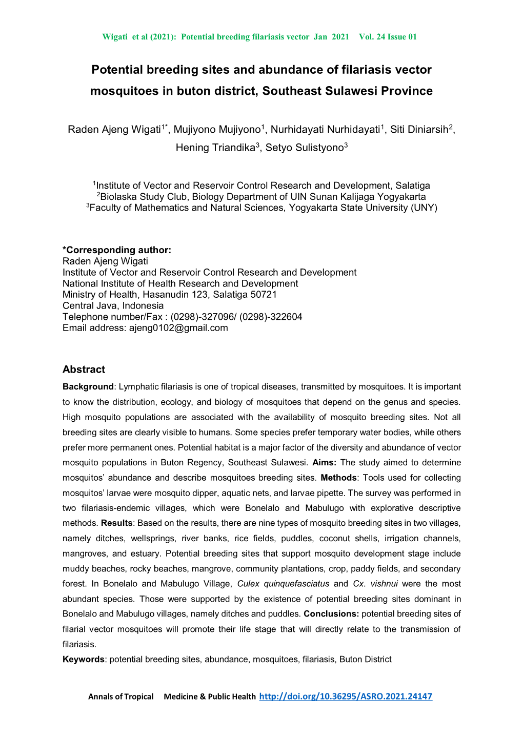 Potential Breeding Sites and Abundance of Filariasis Vector Mosquitoes in Buton District, Southeast Sulawesi Province