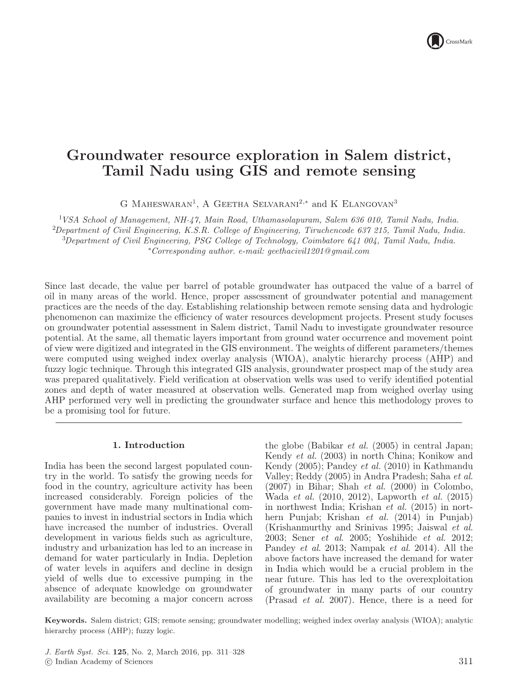 Groundwater Resource Exploration in Salem District, Tamil Nadu Using GIS and Remote Sensing