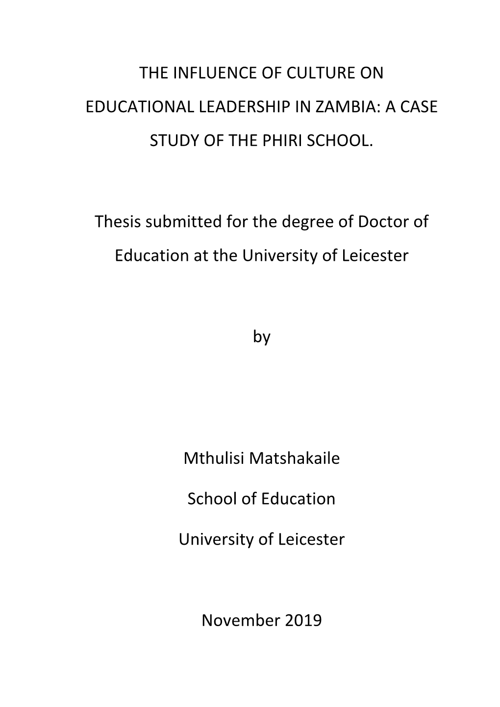 The Influence of Culture on Educational Leadership in Zambia: a Case Study of the Phiri School