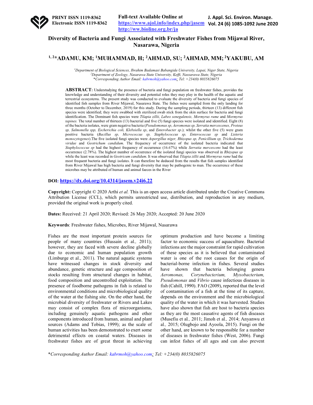 Diversity of Bacteria and Fungi Associated with Freshwater Fishes from Mijawal River, Nasarawa, Nigeria