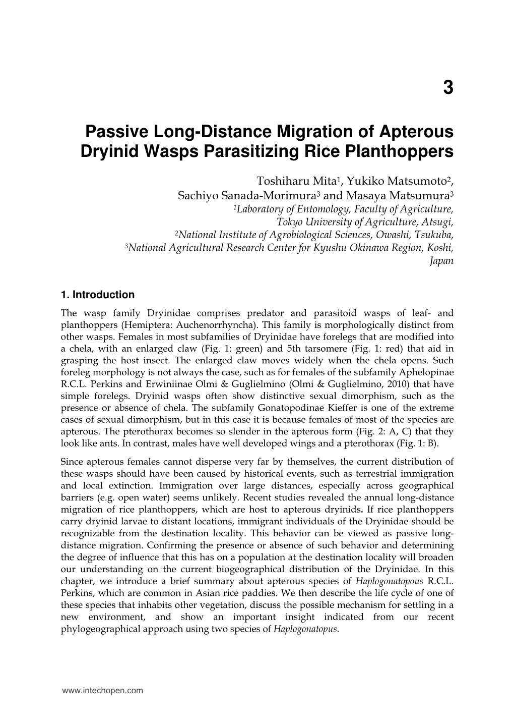 Passive Long-Distance Migration of Apterous Dryinid Wasps Parasitizing Rice Planthoppers
