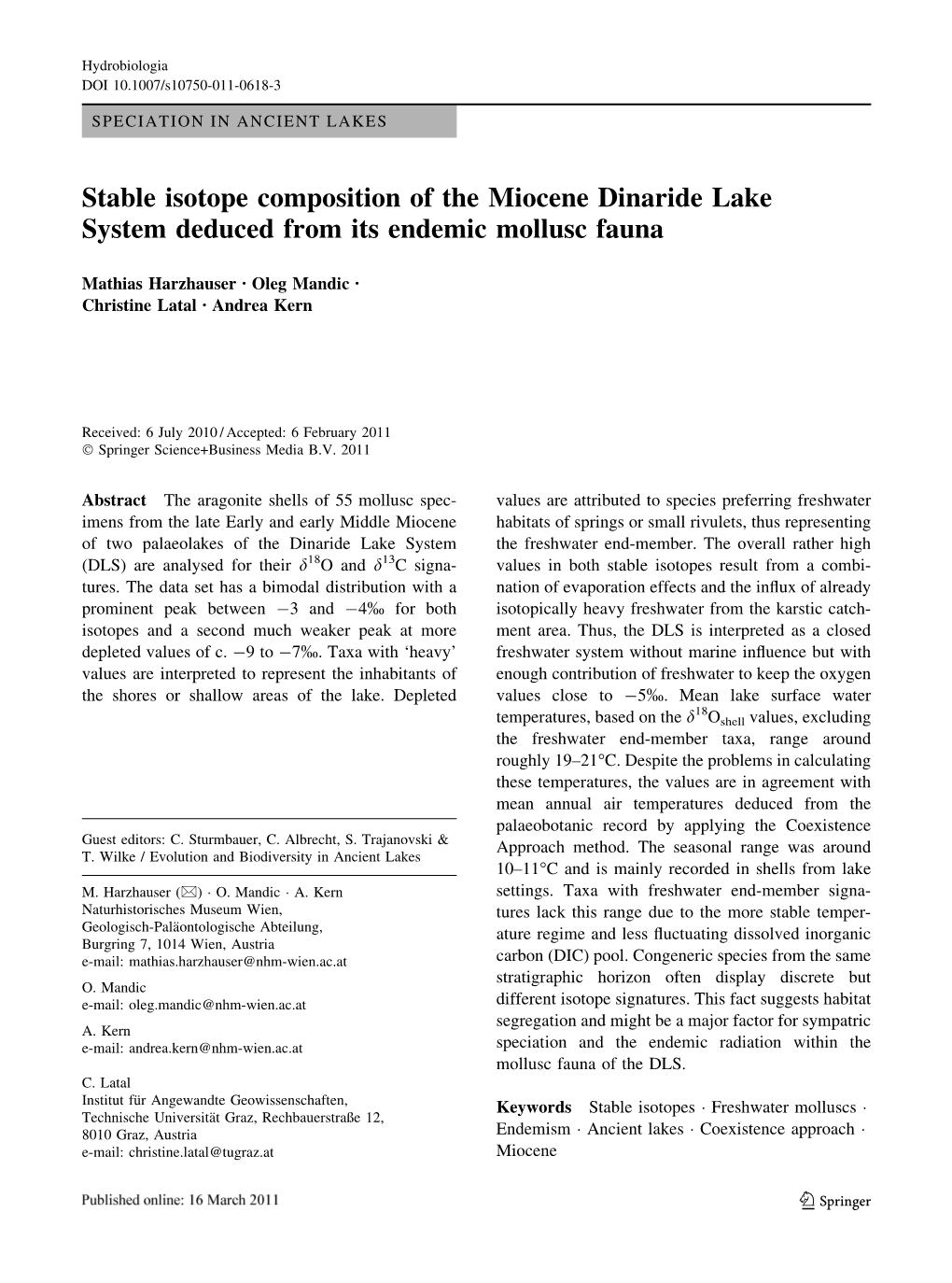 Stable Isotope Composition of the Miocene Dinaride Lake System Deduced from Its Endemic Mollusc Fauna