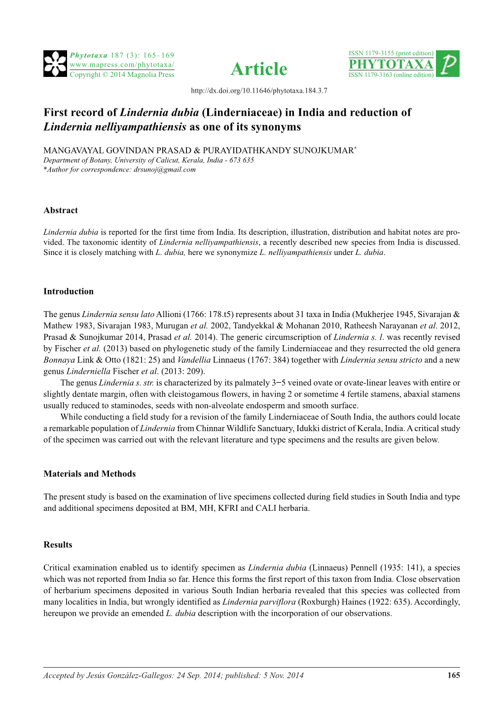 First Record of Lindernia Dubia (Linderniaceae) in India and Reduction of Lindernia Nelliyampathiensis As One of Its Synonyms