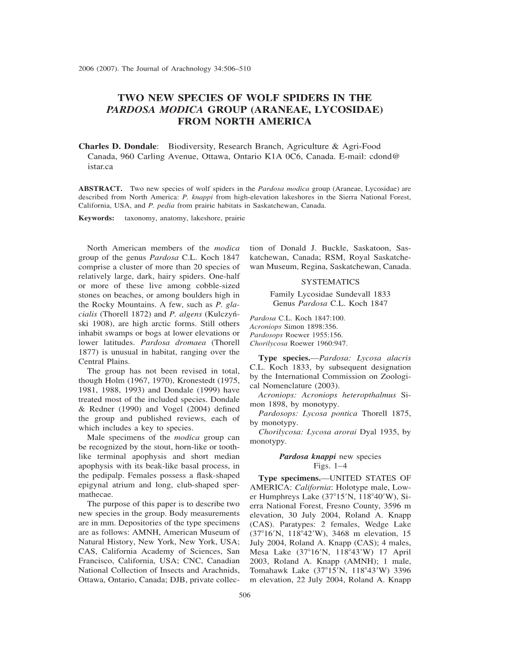 Two New Species of Wolf Spiders in the Pardosa Modica Group (Araneae, Lycosidae) from North America