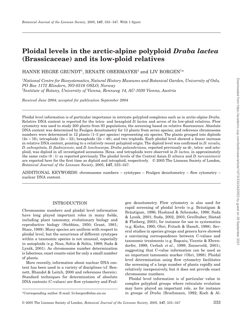 Ploidal Levels in the Arctic-Alpine Polyploid Draba Lactea (Brassicaceae) and Its Low-Ploid Relatives