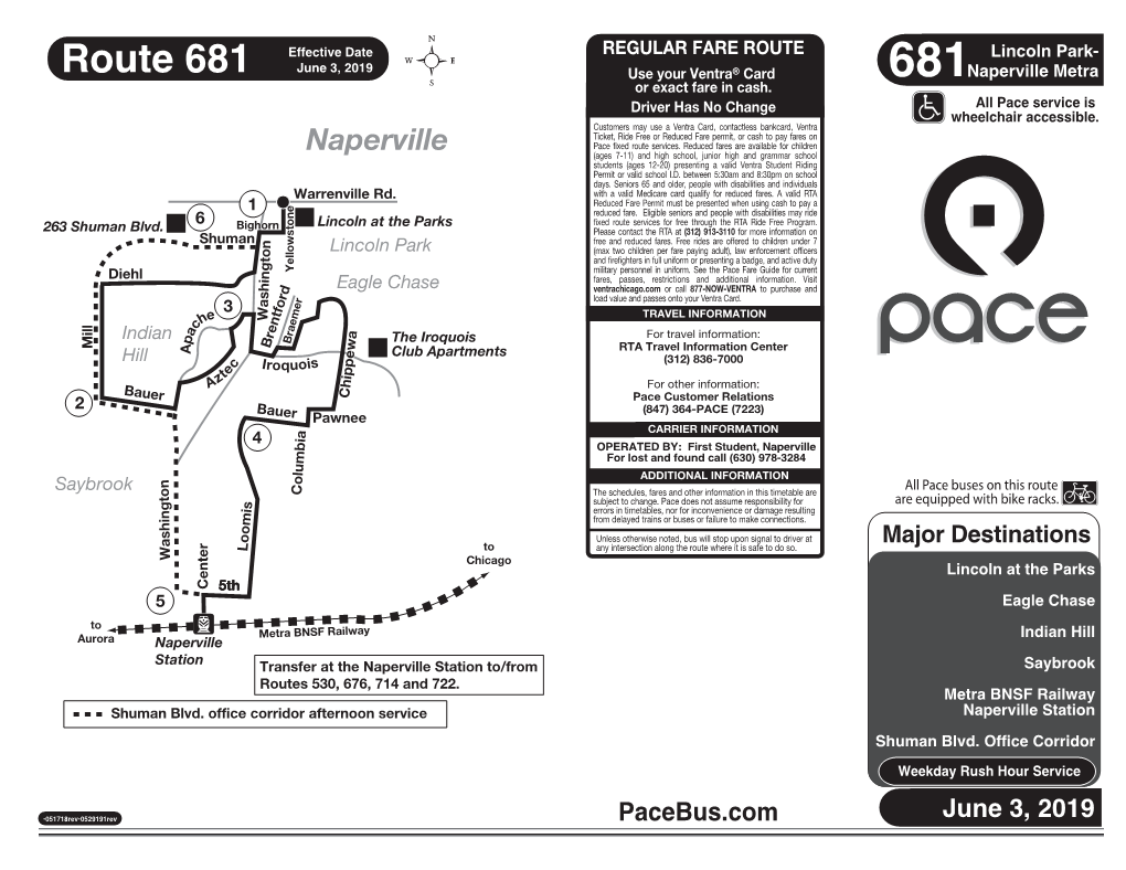 ROUTE Lincoln Park- Route 681 June 3, 2019 Use Your Ventra® Card Naperville Metra \ Or Exact Fare in Cash