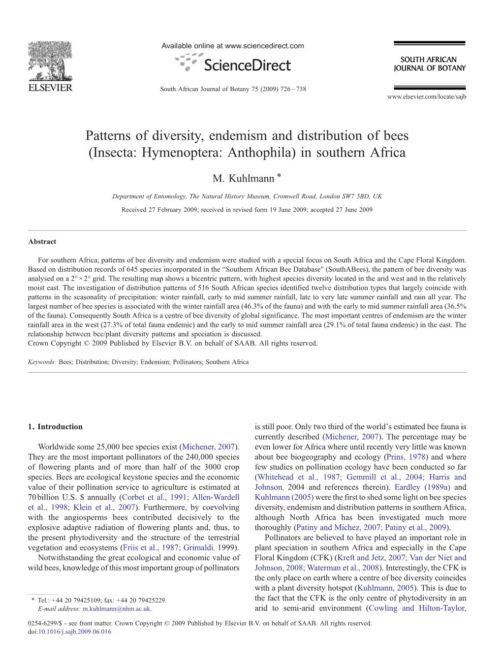 Patterns of Diversity, Endemism and Distribution of Bees (Insecta: Hymenoptera: Anthophila) in Southern Africa ⁎ M