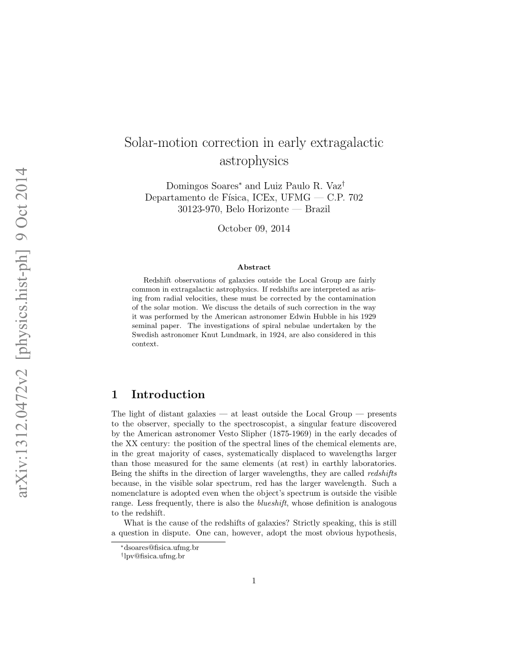 Solar-Motion Correction in Early Extragalactic Astrophysics