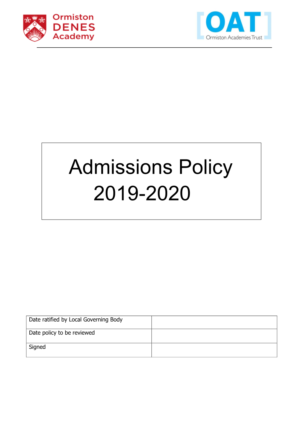 Admissions Policy 2019-2020