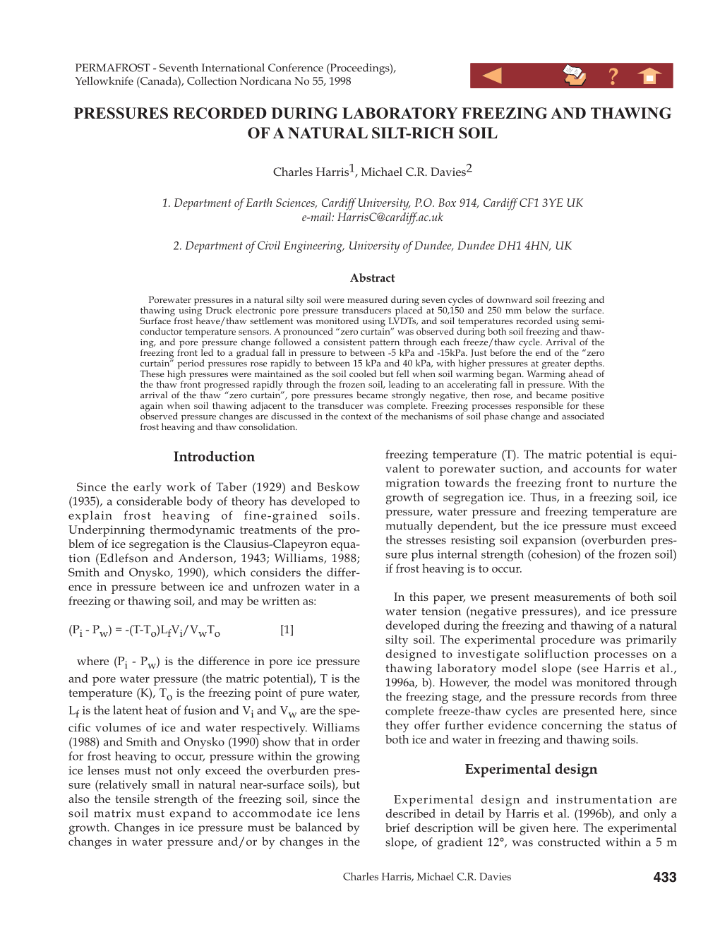 Pressures Recorded During Laboratory Freezing and Thawing of a Natural Silt-Rich Soil