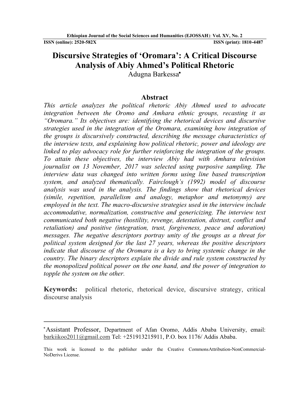 A Critical Discourse Analysis of Abiy Ahmed's Political Rhetoric