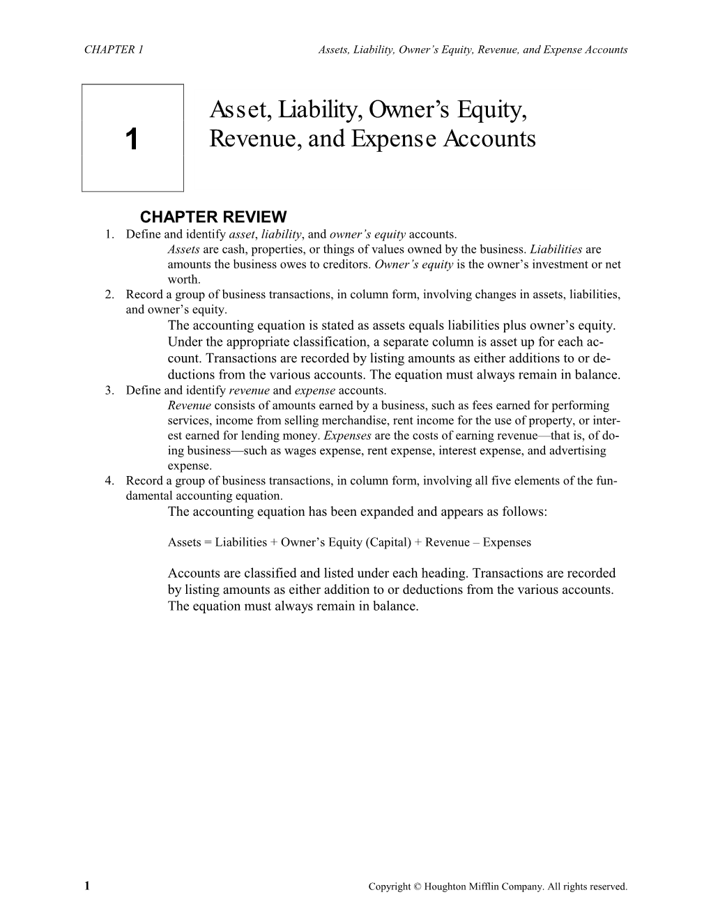 Asset, Liability, Owner's Equity, Revenue, and Expense Accounts